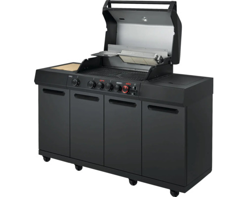 Schwarzer Gasgrill mit offenem Deckel und Unterschrank