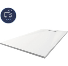 Weiße Duschwanne mit Ablaufgarnitur und Lieferzeitangabe