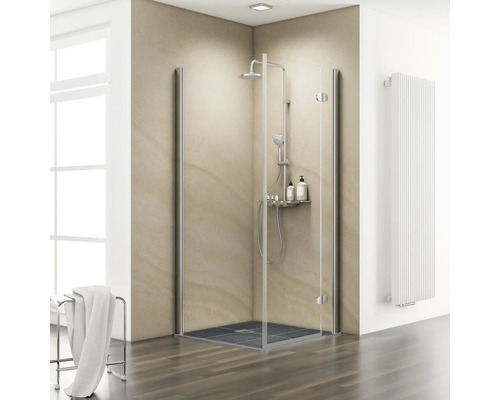 Duschtür mit Seitenwand mit Drehtür SCHULTE MasterClass ExpressPlus 90 x 90 cm Profil chrom Klarglas schmutzabweisende Glasbeschichtung Türanschlag rechts Seitenwandanschlag links für bodenebenes Duschelement Begehbare Dusche mit Brausegarnitur, Duschregal und Handtuchwärmer im Badezimmer