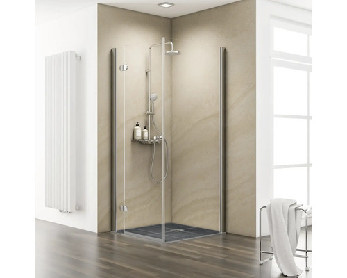 Duschtür mit Seitenwand mit Drehtür SCHULTE MasterClass ExpressPlus 90 x 90 cm Profil chrom Klarglas schmutzabweisende Glasbeschichtung Türanschlag links Seitenwandanschlag rechts für bodenebenes Duschelement Duschkabine mit Glaswänden und Duscharmatur in hellem Badezimmer