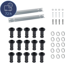 Befestigungsset mit zwei Schienen, Schrauben, Dübeln und Abdeckkappen