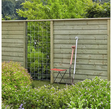 Gartenansicht mit Holzzaun, Rankgitter, Gartengeräten und Gartenhocker