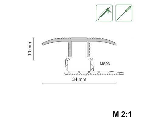 Technische Zeichnung eines Übergangsprofils mit den Maßen 10 mm Höhe und 34 mm Breite.