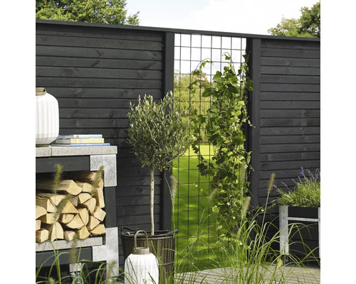 Gartenansicht mit Holzzaun, Kletterhilfe und Bepflanzung für einen natürlichen Look