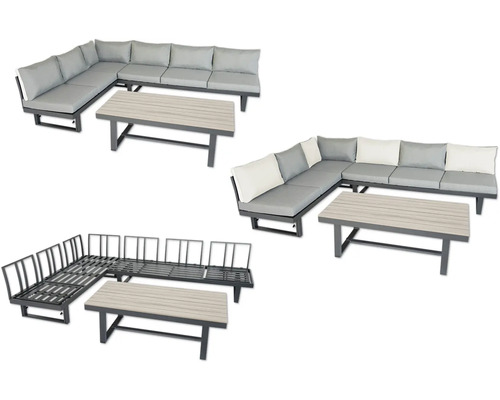 Gartenlounge-Set mit Ecksofa, Kissen und Tisch