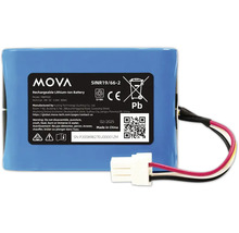 Wiederaufladbarer Mova Lithium-Ionen-Akku, Modell MBPM20, 18 Volt, 5,0 Amperestunden, mit Anschlusskabel und Stecker.