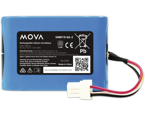 Wiederaufladbarer Mova Lithium-Ionen-Akku, Modell MBPM20, 18 Volt, 5,0 Amperestunden, mit Anschlusskabel und Stecker.