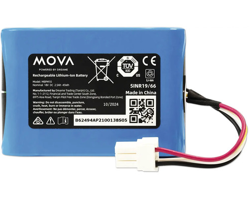 Blauer MOVA wiederaufladbarer Lithium-Ionen-Akku 18 Volt 2,5 Amperestunden mit Anschlusskabel und Stecker.