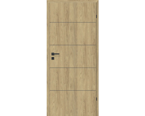 Holztür mit horizontalen Zierleisten und schwarzer Türklinke