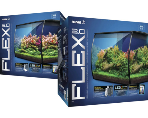 Verpackung von Fluval Flex 2.0 Süßwasseraquarien mit 34 und 57 Liter Fassungsvermögen
