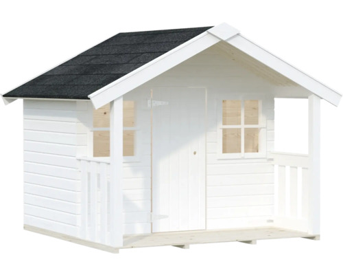 Weißes Holzspielhaus mit schwarzem Dach
