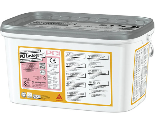 PCI Lastogum® Wasserdichte flexible Schutzschicht unter Keramikbelägen in Dusche und Bad grau 8 kg PCI Lastogum Eimer mit wasserdichter, flexibler Schutzschicht für Keramikbeläge in Dusche und Bad mit acht Kilogramm Nettoinhalt