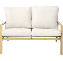 Zweisitzer-Sofa mit hellem Bezug und Holzgestell