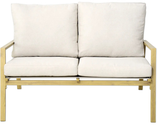 Zweisitzer-Sofa mit hellem Bezug und Holzgestell