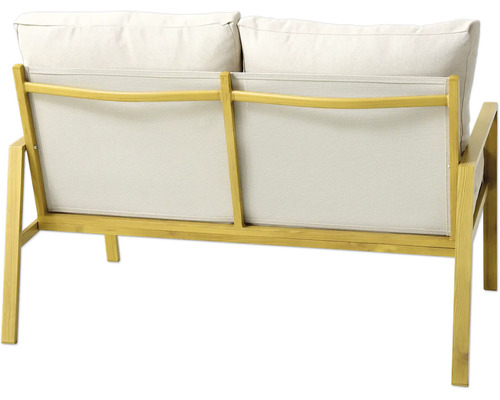 Rückansicht eines Zweisitzer-Sofas mit Holzrahmen und hellen Polsterkissen.