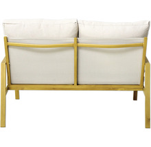 Rückansicht eines Holz-Gartensofas mit zwei Sitzplätzen und Polsterung