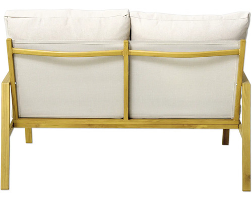 Rückansicht eines Holz-Gartensofas mit zwei Sitzplätzen und Polsterung