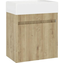 Waschtischunterschrank mit Holzstruktur und weißem Aufsatzwaschbecken
