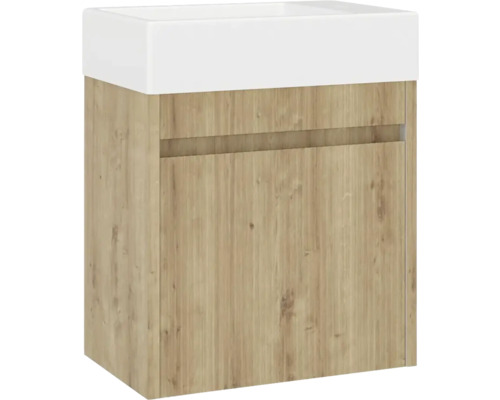 Waschtischunterschrank mit Holzstruktur und weißem Aufsatzwaschbecken