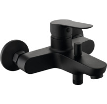 Schwarze Badewannenarmatur mit Einhebelmischer.