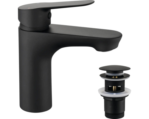 Schwarze Waschtischarmatur mit Ablaufgarnitur