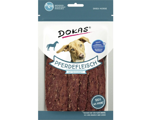 Hundesnack DOKAS Pferdefleisch getrocknet 60 g Dokas getrocknetes Pferdefleisch für Hunde, wiederverschließbare Verpackung