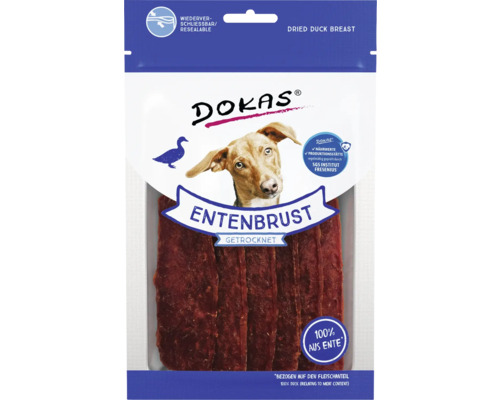 Hundesnack DOKAS Entenbrust getrocknet 70 g Dokas getrocknete Entenbrust im wiederverschließbaren Beutel