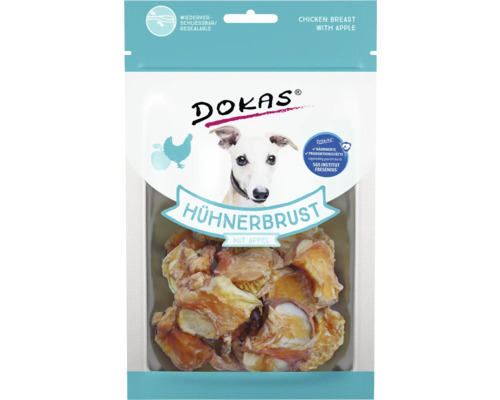 Hundesnack DOKAS Hühnerbrust mit Apfel 70 g Dokas Hühnerbrust mit Apfel für Hunde, wiederverschließbare Verpackung
