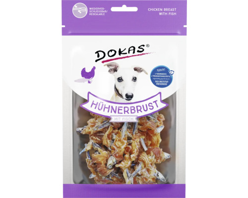Hundesnack DOKAS Hühnerbrust mit Fisch 70 g DOKAS Hühnerbrust mit Fisch für Hunde, wiederverschließbare Verpackung
