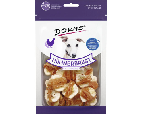 Hundesnack DOKAS Hühnerbrust mit Banane 70 g Dokas Hühnerbrust mit Banane für Hunde in wiederverschließbarer Verpackung