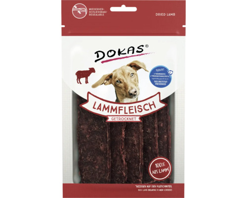 Hundesnack DOKAS Lammfleisch getrocknet 70 g Dokas getrocknetes Lammfleisch für Hunde, wiederverschließbare Verpackung