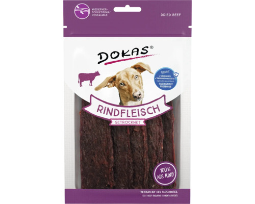Hundesnack DOKAS Rindfleisch getrocknet 70 g DOKAS Rindfleisch getrocknet für Hunde, wiederverschliessbare Verpackung