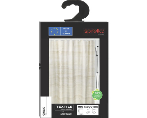 Verpackung einer beigen Textil Duschvorhangs von Spirella, Größe 180 x 200 cm, hergestellt in Europa