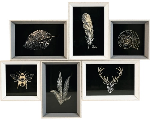 Wanddekoration mit Motiven aus der Natur: Blatt, Feder, Schneckenhaus, Biene, Farn, Hirschgeweih