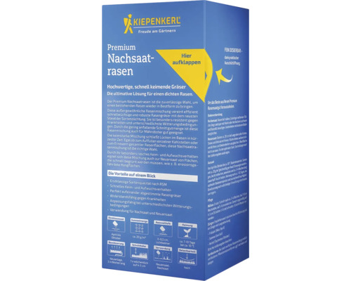 Kiepenkerl Premium Nachsaatrasen Packung mit Informationen zu Eigenschaften und Anwendung