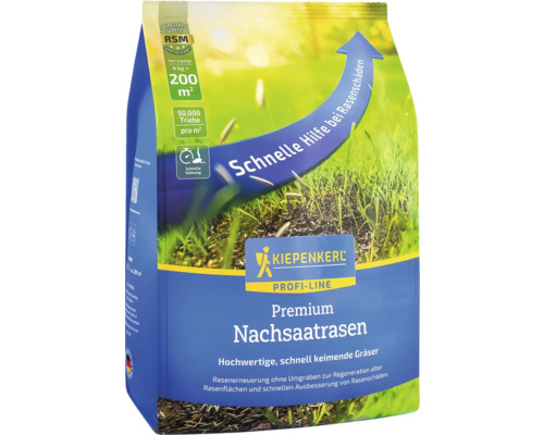 Abbildung einer Packung Kiepenkerl Premium Nachsaatrasen mit RSM-Siegel.