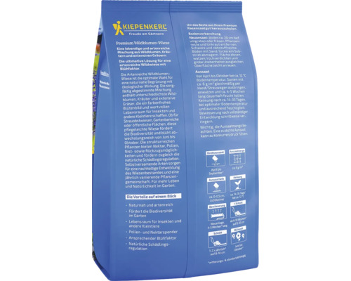 Kiepenkerl Logo. Premium Wildblumen Wiese: Eine artenreiche Mischung aus Wildblumen, Kräutern und Gräsern zur Förderung der Biodiversität und zur Schaffung von Lebensraum für Insekten.