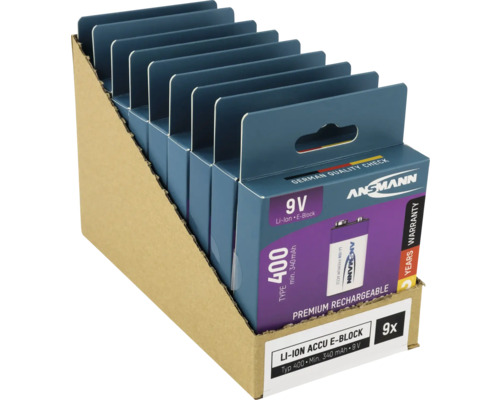 Neun Ansmann Lithium Ionen 9 Volt E-Block Akkus in Pappaufsteller