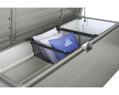 Einhängesack Gr. E für Stylebox 170 Biohort 59 x 50,5 x 20 cm grau Geöffnete Aufbewahrungsbox mit Kissenkorb und Kissen