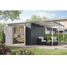 Garten mit Geräteschuppen, Unterstand und Gartenmöbeln