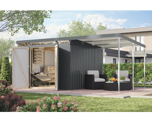 Garten mit Geräteschuppen, Unterstand und Gartenmöbeln