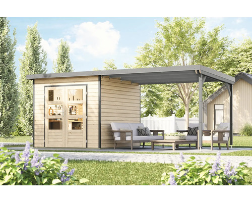 Garten Szene mit Gerätehaus und Lounge-Bereich