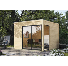 Modernes Gartenhaus aus Holz mit Schiebetür und großem Fenster