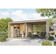 Modernes Gartenhaus mit Büro und überdachter Terrasse mit Sitzgruppe.