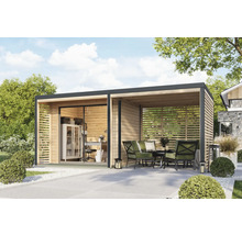 Modernes Gartenhaus mit Büro und überdachter Terrasse mit Gartenmöbeln.