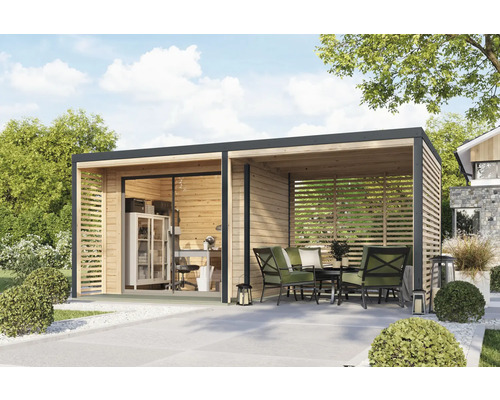 Modernes Gartenhaus mit Büro und überdachter Terrasse mit Gartenmöbeln.
