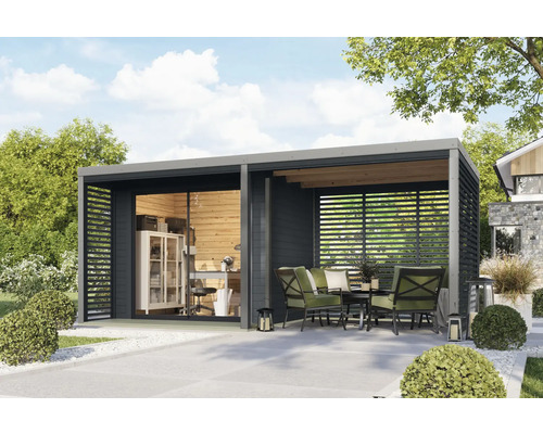 Modernes Gartenhaus mit Schiebetür, Terrasse mit Sitzgruppe und horizontalen Lamellen