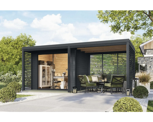 Modernes Gartenhaus mit Büro und Terrasse mit Sitzgruppe