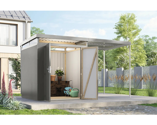 Gartenhaus aus Metall mit geöffneten Türen und Vordach
