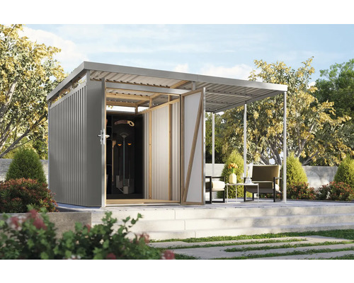 Gartenhaus mit angebautem Unterstand und Gartengeräten